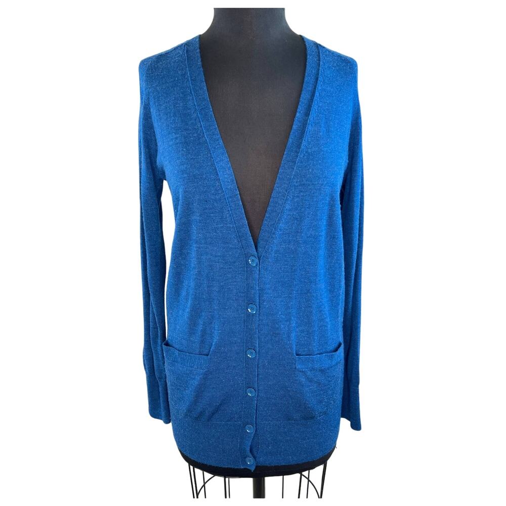 J Crew Classic Merino Wool Long Cardigan Sweater Blue Long Sleeve V-Neck S Small